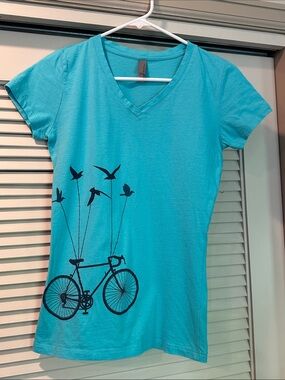Next Level Apparel Turquoise V-Neck Tee with Bicycle & Bird Graphic